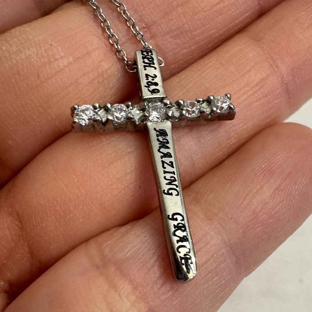 AMAZING GRACE Cross Necklace with Bible Verse Stainless Steel & CZ Stones
